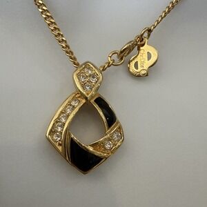 Christian Dior‎ Vintage 1980s Black & Clear Crystals Pendant Necklace 16" Logo